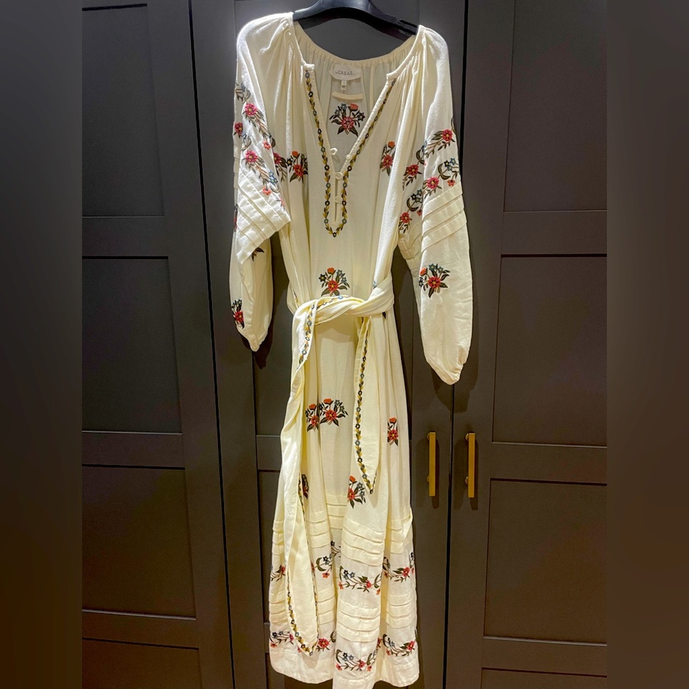 The GREAT cream embroidered maxi dress worn once